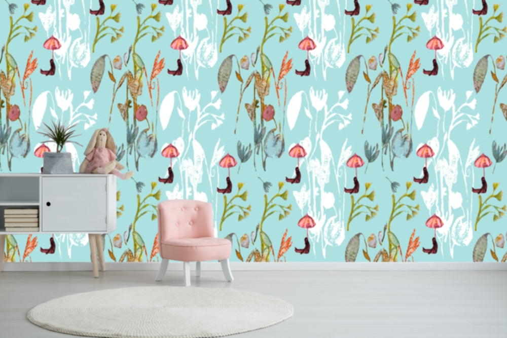 Wallpaper Peel and Stick Walls and Furniture, Removable, Matte Finish, Textile Texture, PVC Free, Modern Design girls turquoise Flowers