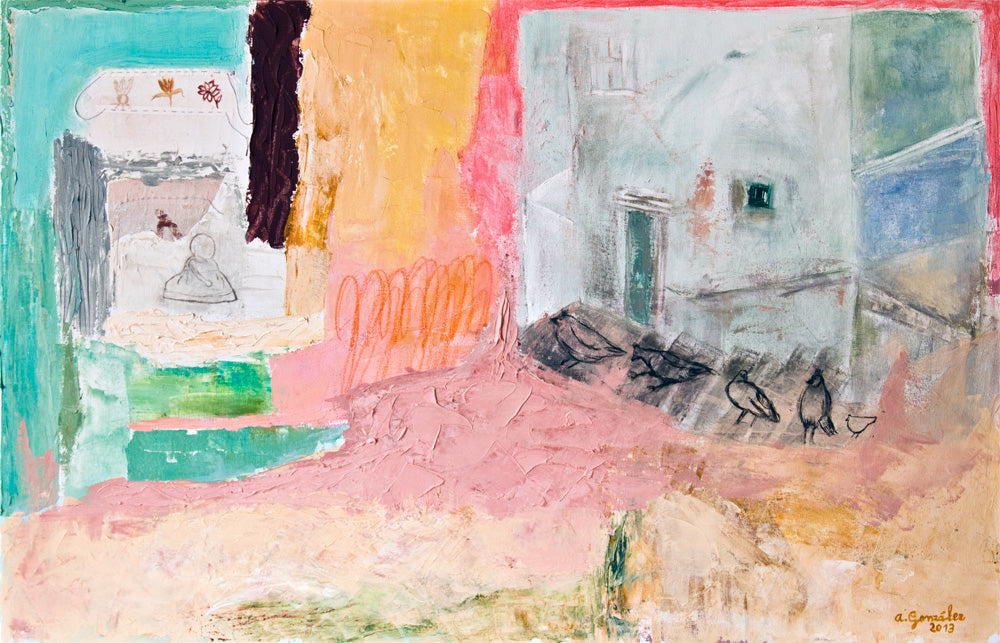 Large Artwork Canvas 40" x 26" 100x65 cm wall art, pink, blue textures modern art By Ana González