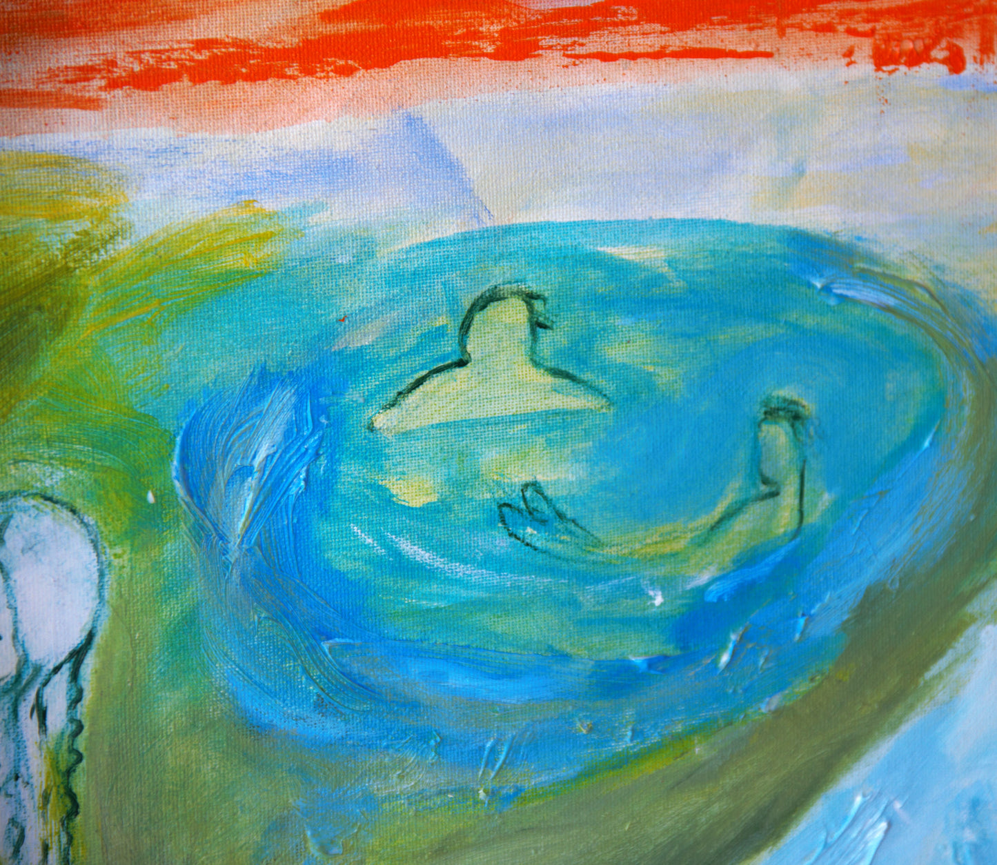 Original Painting canvas wall Art 40"x24", 100 x 60 cm, Large, landscape, bathers, river, girls, turquoise, green AnaGonzalezArt
