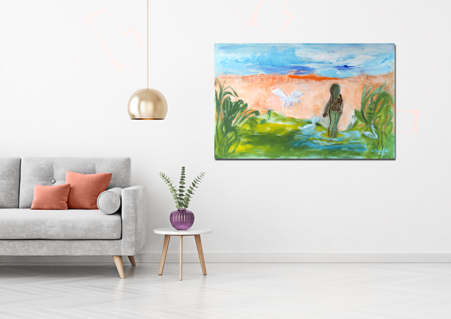 Abstract Original Painting canvas 40x26" Large wall Art turquoise green  AnaGonzalezArt