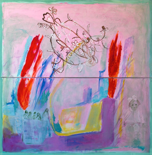 Large Original Painting abstract expressionist 40x40, 2 panels canvas Spanish Art turquoise red green pink yellow, Modern wall Art