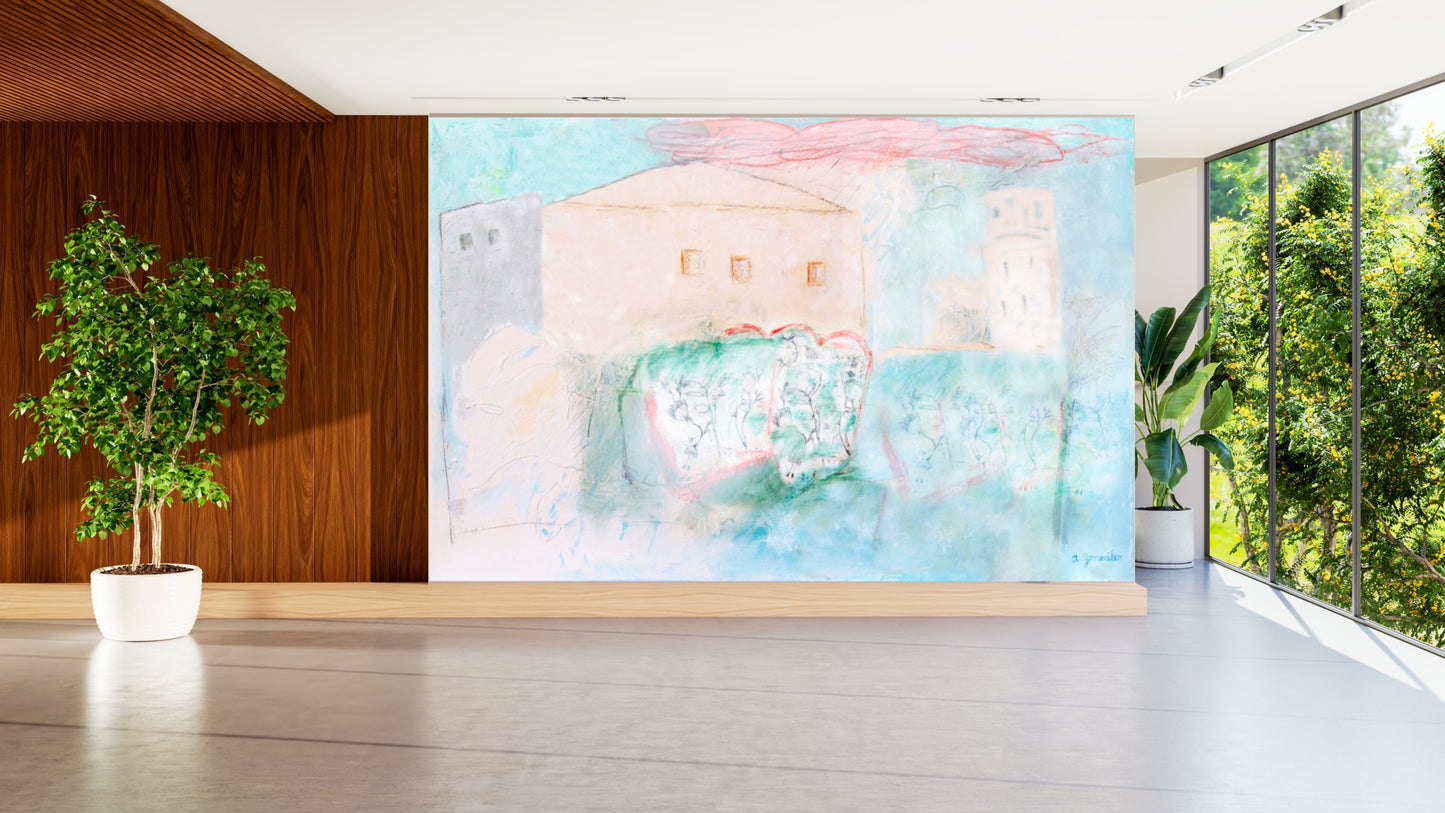 Landscape Mural Art Wallpaper Peel And Stick Modern wall decor Removable, Textile Texture, PVC Free, turquoise, houses flowers