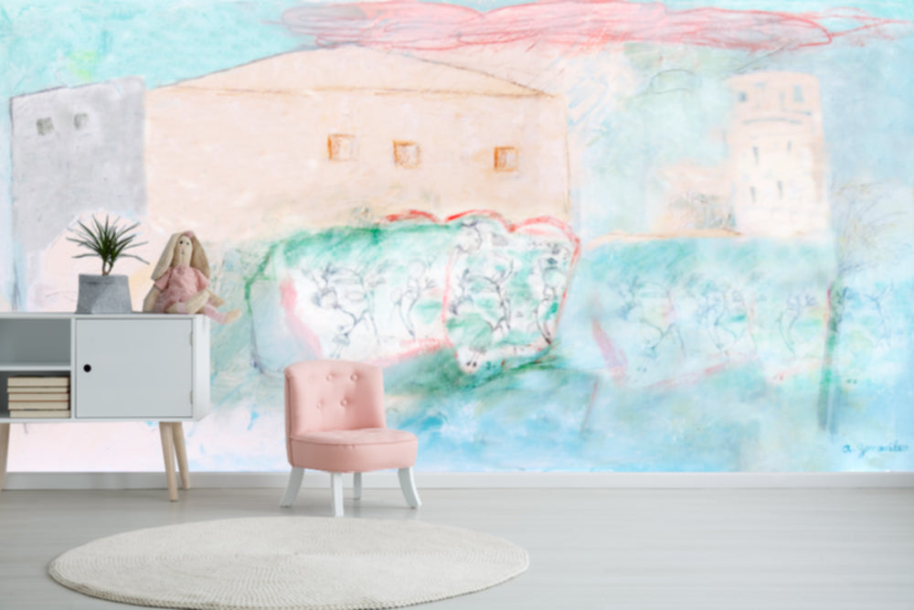 Landscape Mural Art Wallpaper Peel And Stick Modern wall decor Removable, Textile Texture, PVC Free, turquoise, houses flowers