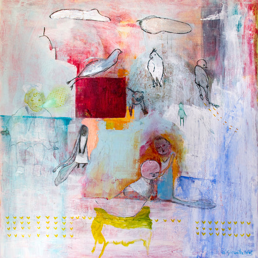 Large Artwork Canvas wall art, pink, 90 x 90 cm blue birds, decor modern art By Ana González