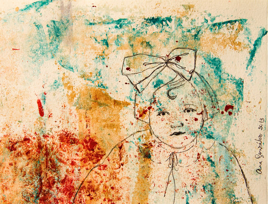 Original Monotype print, drawing series Isabel 1930, child, turquoise, black, red ink by Ana González