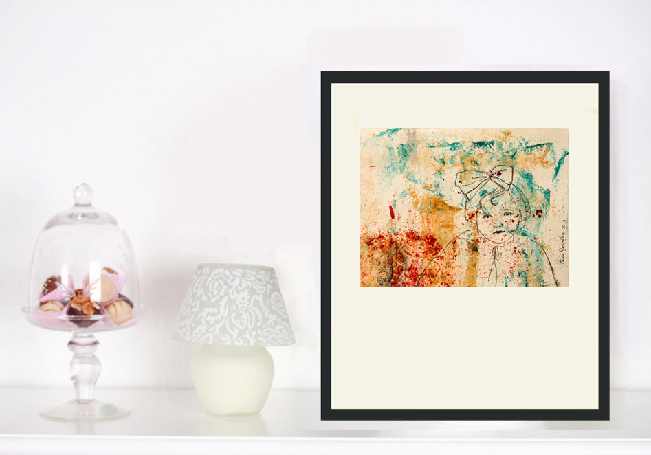 Original Monotype print, drawing series Isabel 1930, child, turquoise, black, red ink by Ana González
