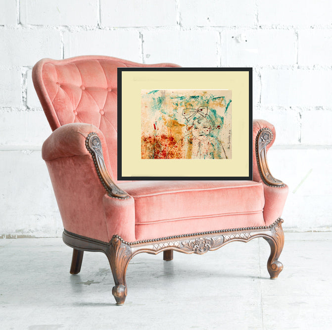 Original Monotype print, drawing series Isabel 1930, child, turquoise, black, red ink by Ana González