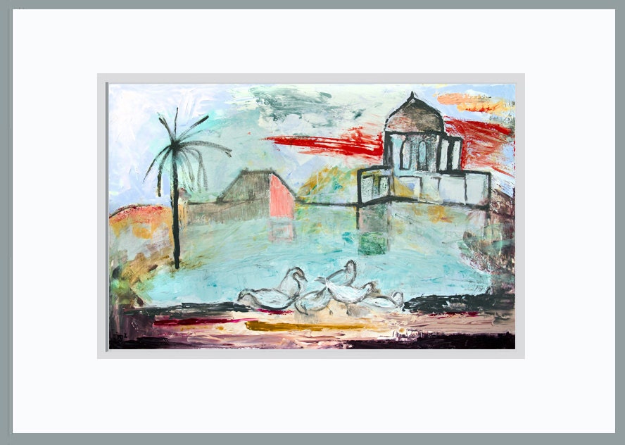 Print Giclee Art, Fine Art Print, blue pink gray, turquoise, swans decor modern, wall art, by Ana Gonzalez