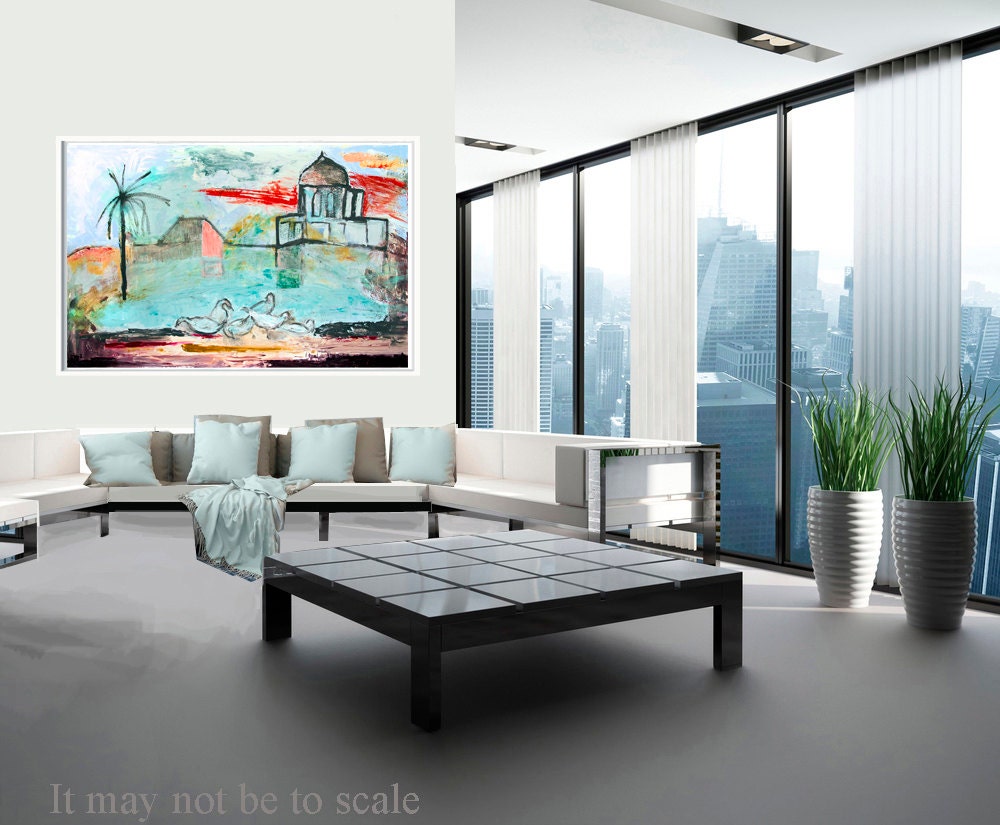 Print Giclee Art, Fine Art Print, blue pink gray, turquoise, swans decor modern, wall art, by Ana Gonzalez