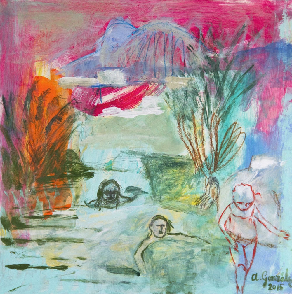 Fine Art Giclee Print fuchsia turquoise green, Bathing in the river, modern wall art print, by Ana Gonzalez