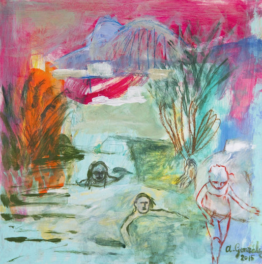 Fine Art Giclee Print fuchsia turquoise green, Bathing in the river, modern wall art print, by Ana Gonzalez