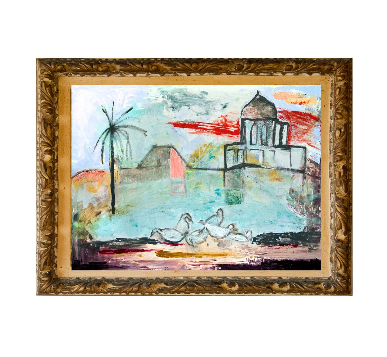Print Giclee Art, Fine Art Print, blue pink gray, turquoise, swans decor modern, wall art, by Ana Gonzalez
