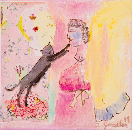 Print Fine Art Giclee abstract flowers black cat girl modern wall art print pink fucsia by Ana Gonzalez