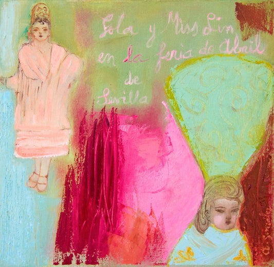 Fine Art Giclee Print pink red turquoise green, two andalusian girls modern wall art print by Ana Gonzalez