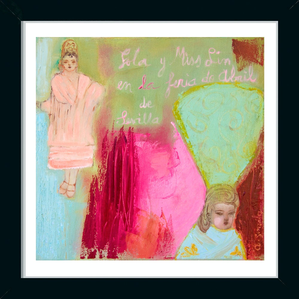 Fine Art Giclee Print pink red turquoise green, two andalusian girls modern wall art print by Ana Gonzalez