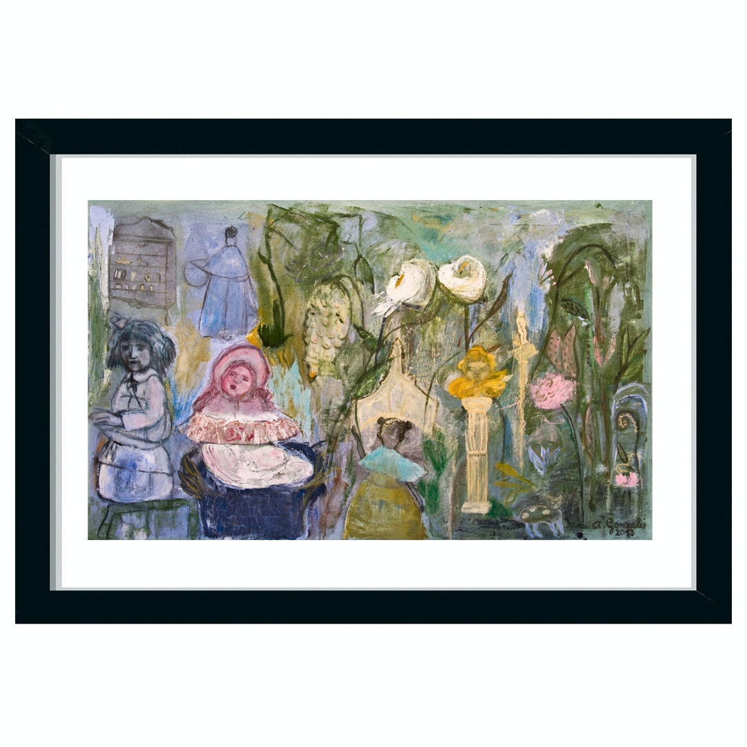 Art Print Giclee, abstract, pink, turquoise, green girl, modern spanish wall art