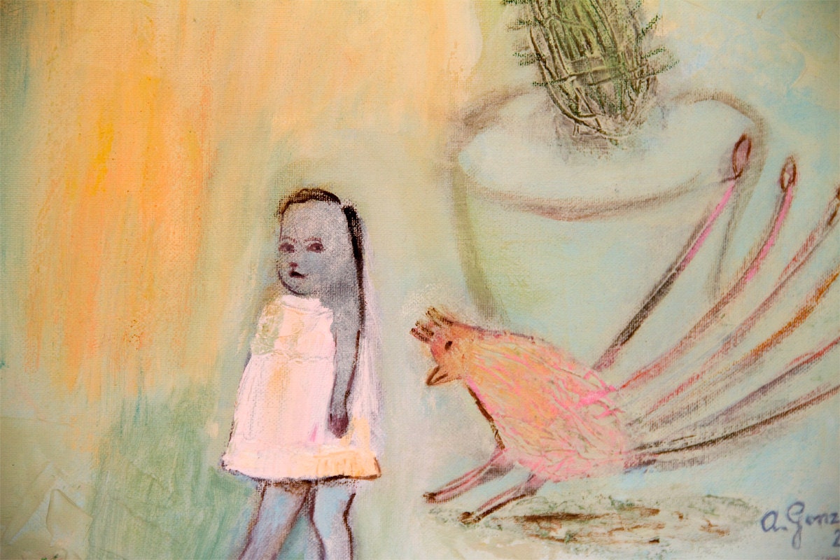 Art Print Giclee, abstract, pink, fine art print turquoise, green pink girl, modern spanish wall art