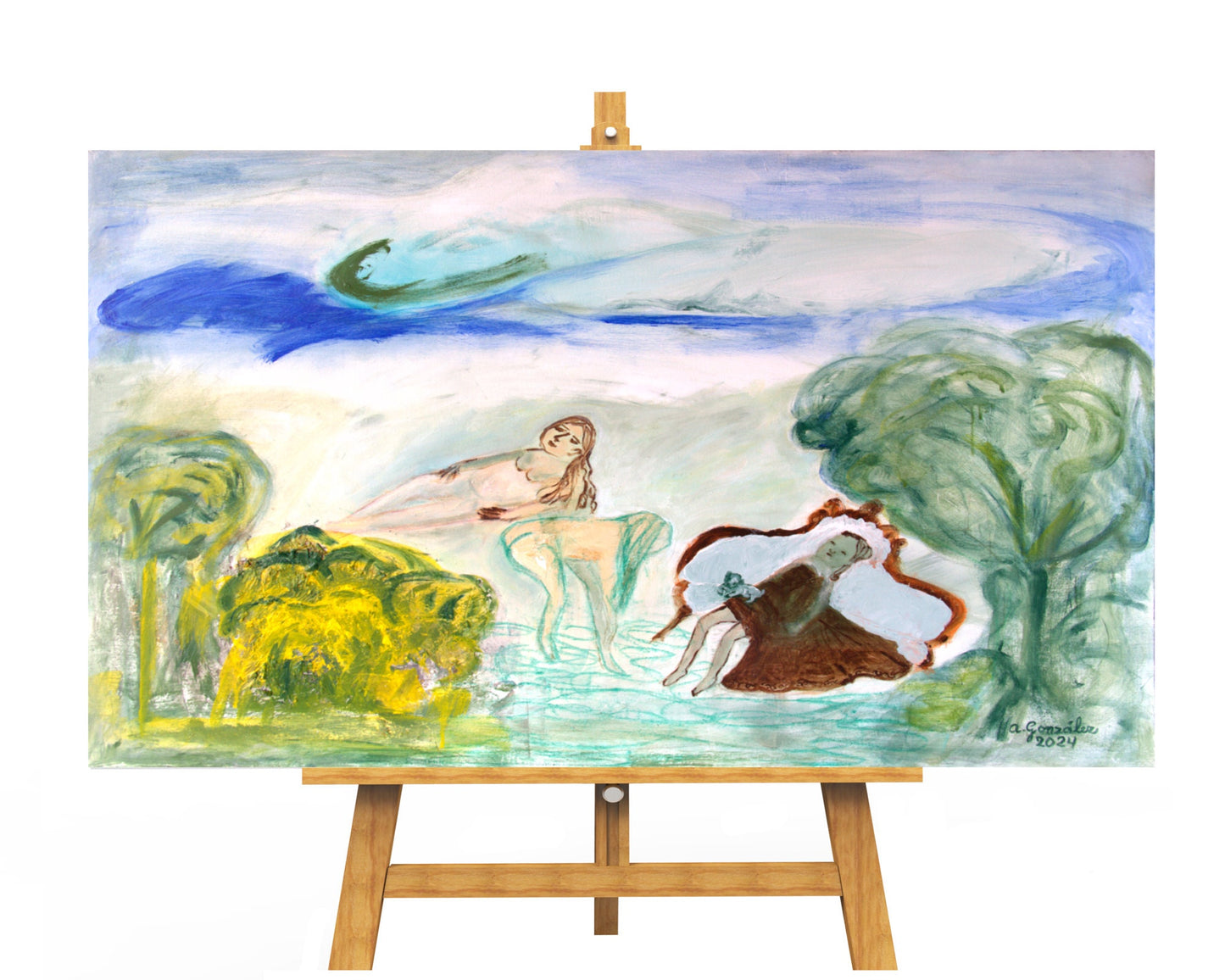 Abstract Original Painting canvas 40x26" Large wall Art bathers girls dog trees turquoise green pink AnaGonzalezArt