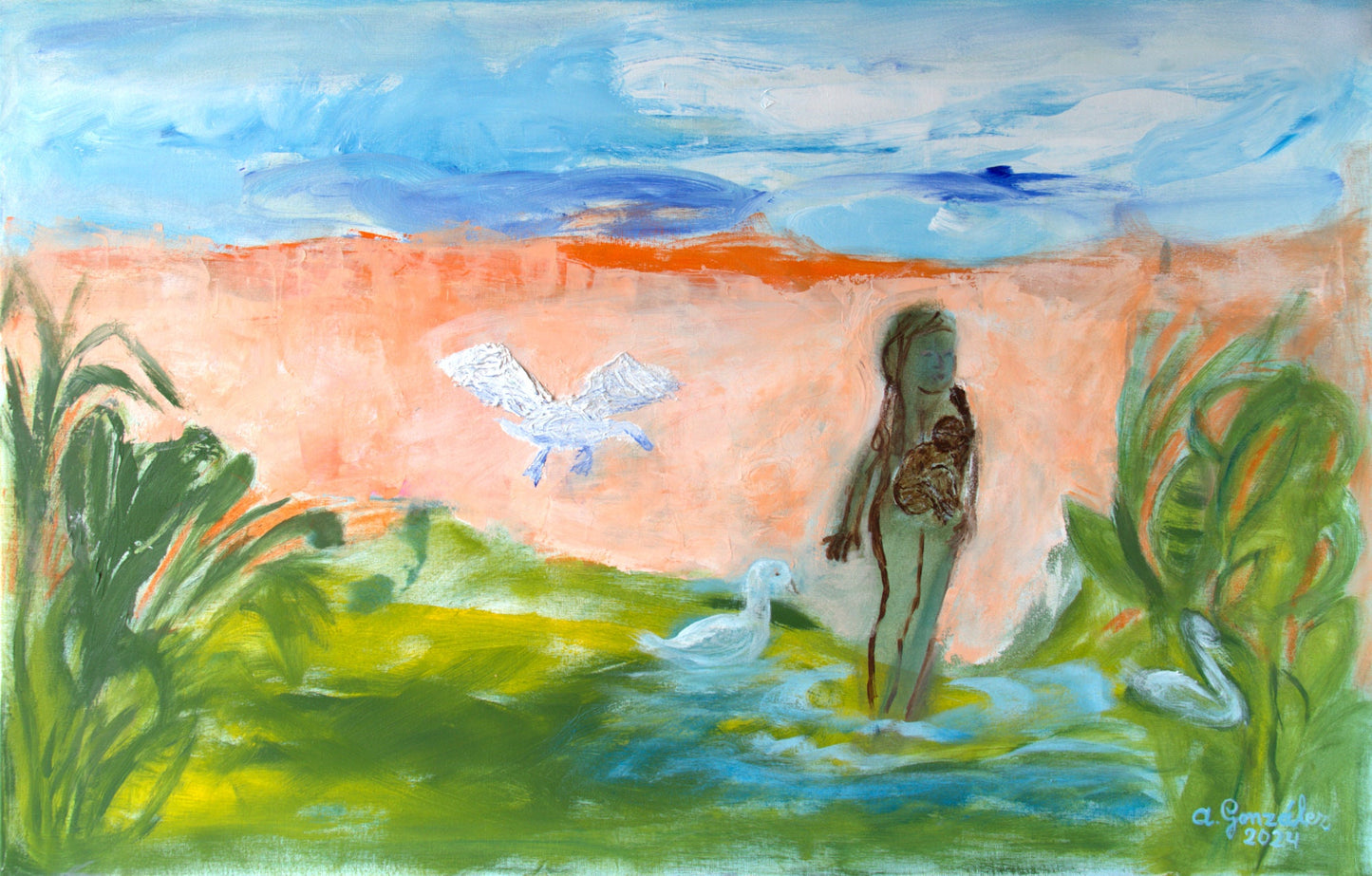 Abstract Original Painting canvas 40x26" Large wall Art turquoise green  AnaGonzalezArt