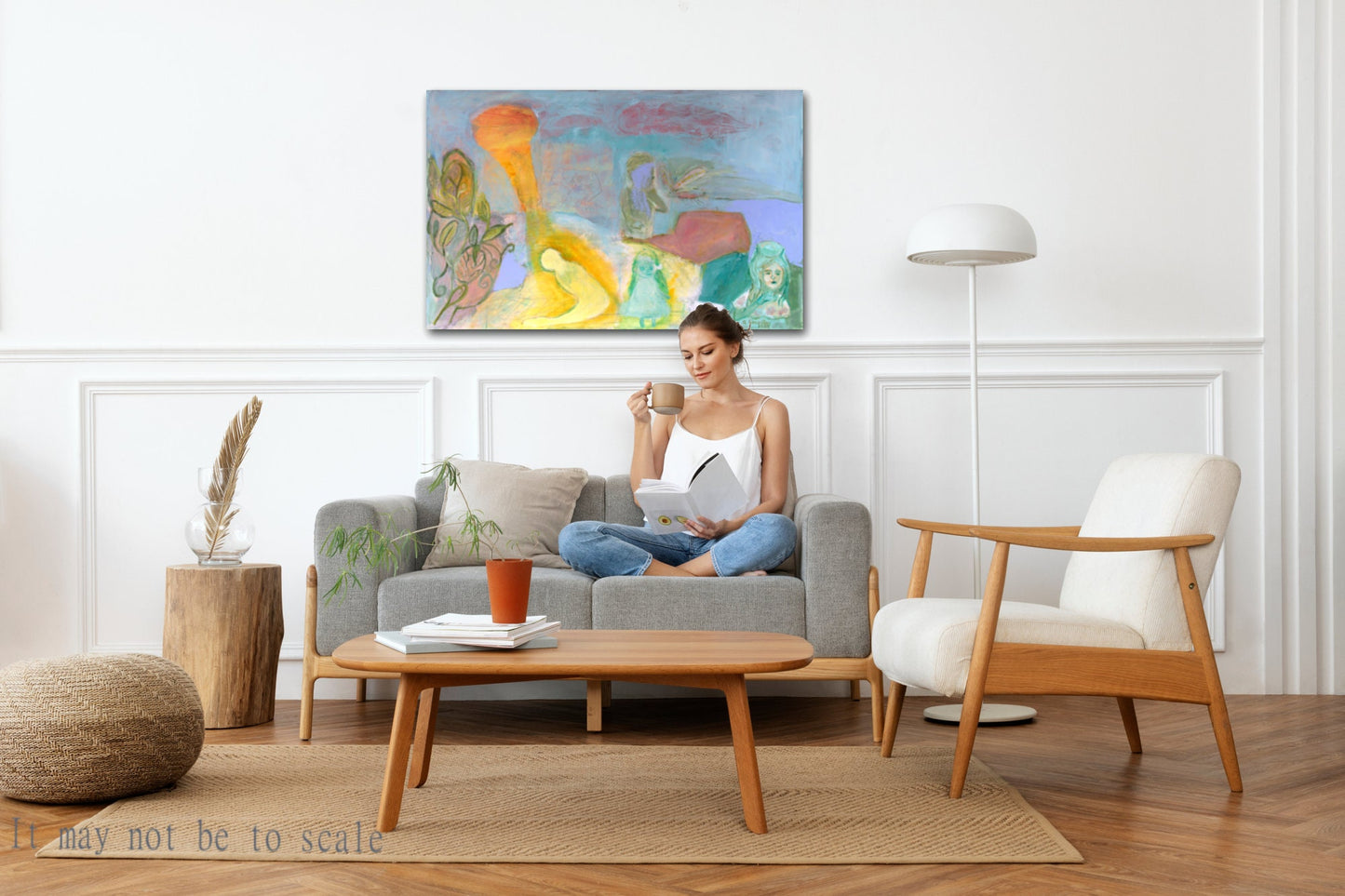 Abstract Original Painting canvas 40x24" Large wall Art girls trees turquoise green yellow AnaGonzalezArt