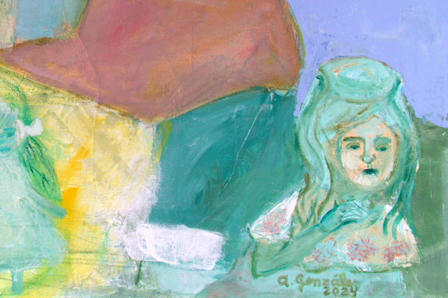 Abstract Original Painting canvas 40x24" Large wall Art girls trees turquoise green yellow AnaGonzalezArt