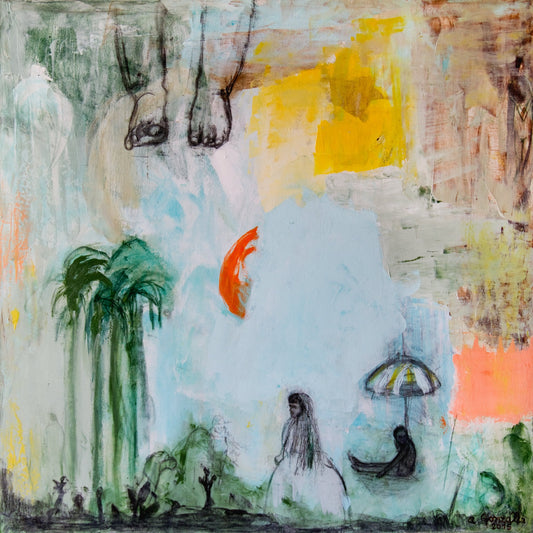 Fine Art Giclee Print orange turquoise girls umbrella modern wall art print by Ana Gonzalez