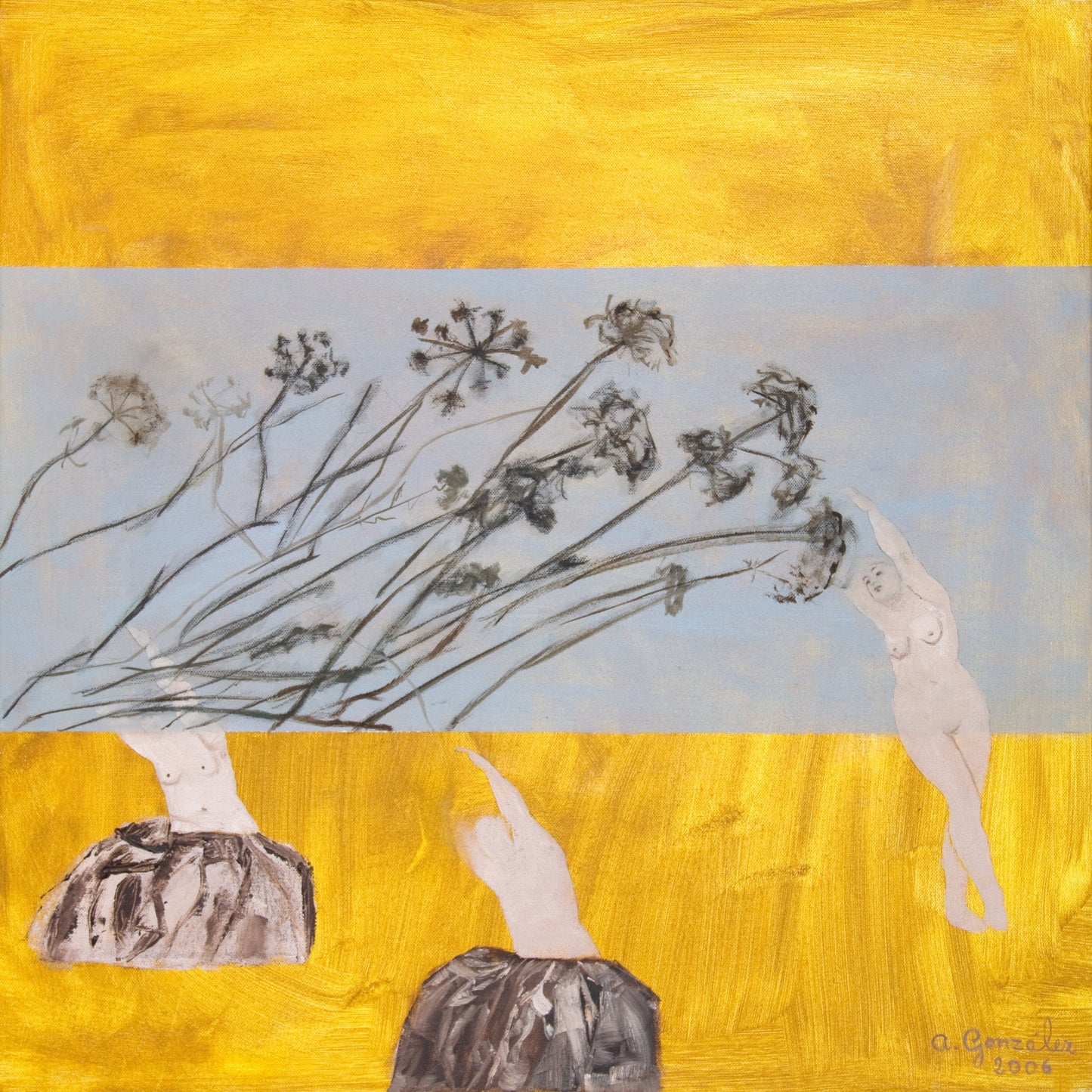 Fine Art Giclee Print gray flowers yellow girl modern wall art print by Ana Gonzalez