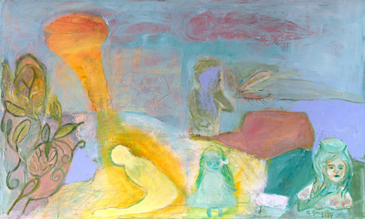 Abstract Original Painting canvas 40x24" Large wall Art girls trees turquoise green yellow AnaGonzalezArt