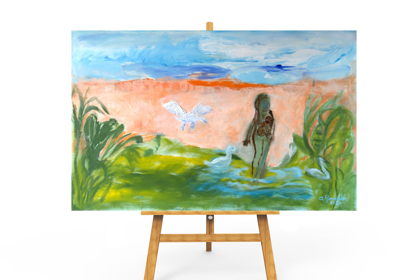 Abstract Original Painting canvas 40x26" Large wall Art turquoise green  AnaGonzalezArt