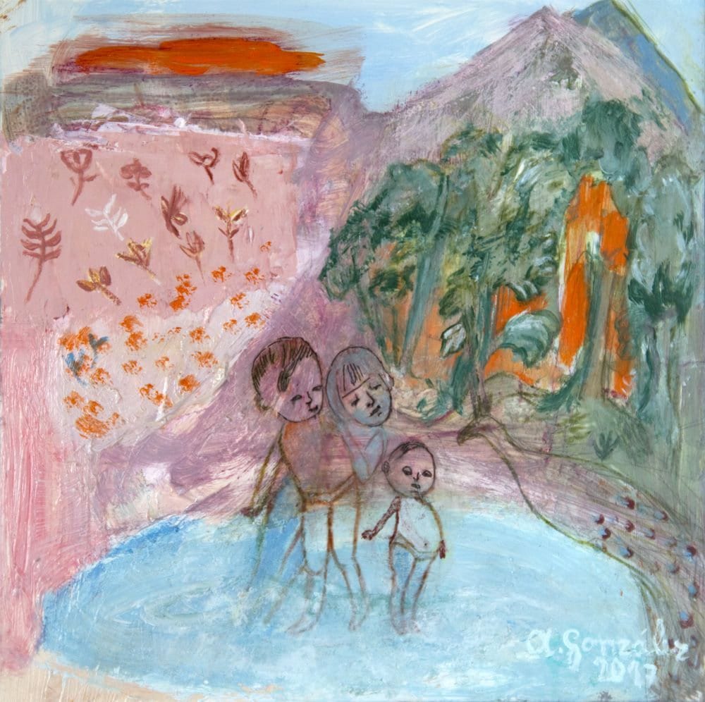 Original Painting 8"x 8" on cradled wood panel children pool plants decor home green orange mixed media expressionist art
