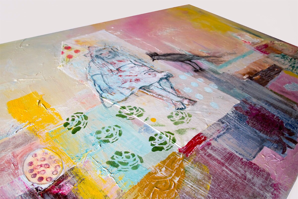 Abstract Painting canvas 40x26 Large wall Art mixed media turquoise green yellow pink Spanish Art