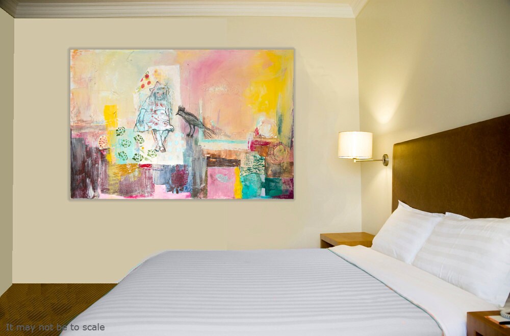 Abstract Painting canvas 40x26 Large wall Art mixed media turquoise green yellow pink Spanish Art