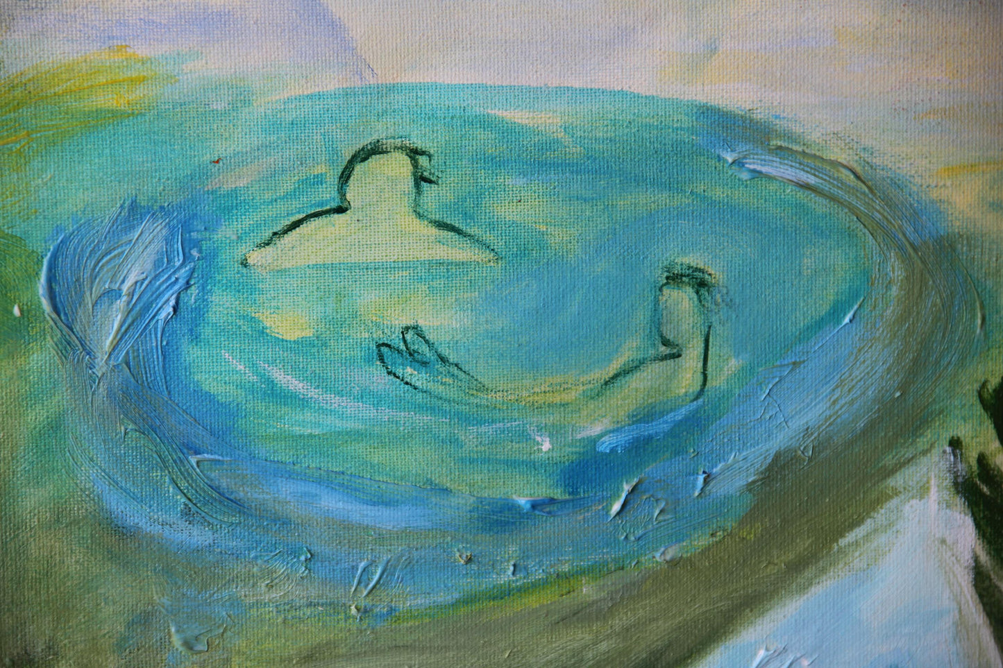 Original Painting canvas wall Art 40"x24", 100 x 60 cm, Large, landscape, bathers, river, girls, turquoise, green AnaGonzalezArt
