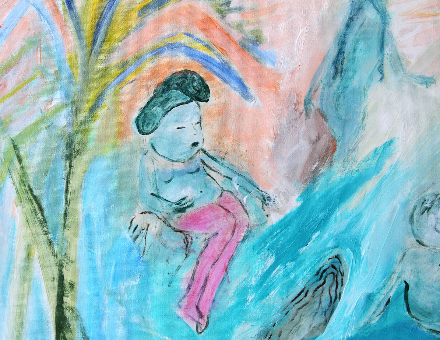 Original Painting canvas wall Art 40"x26" Large, landscape, sea, bathers, orange turquoise, green AnaGonzalezArt
