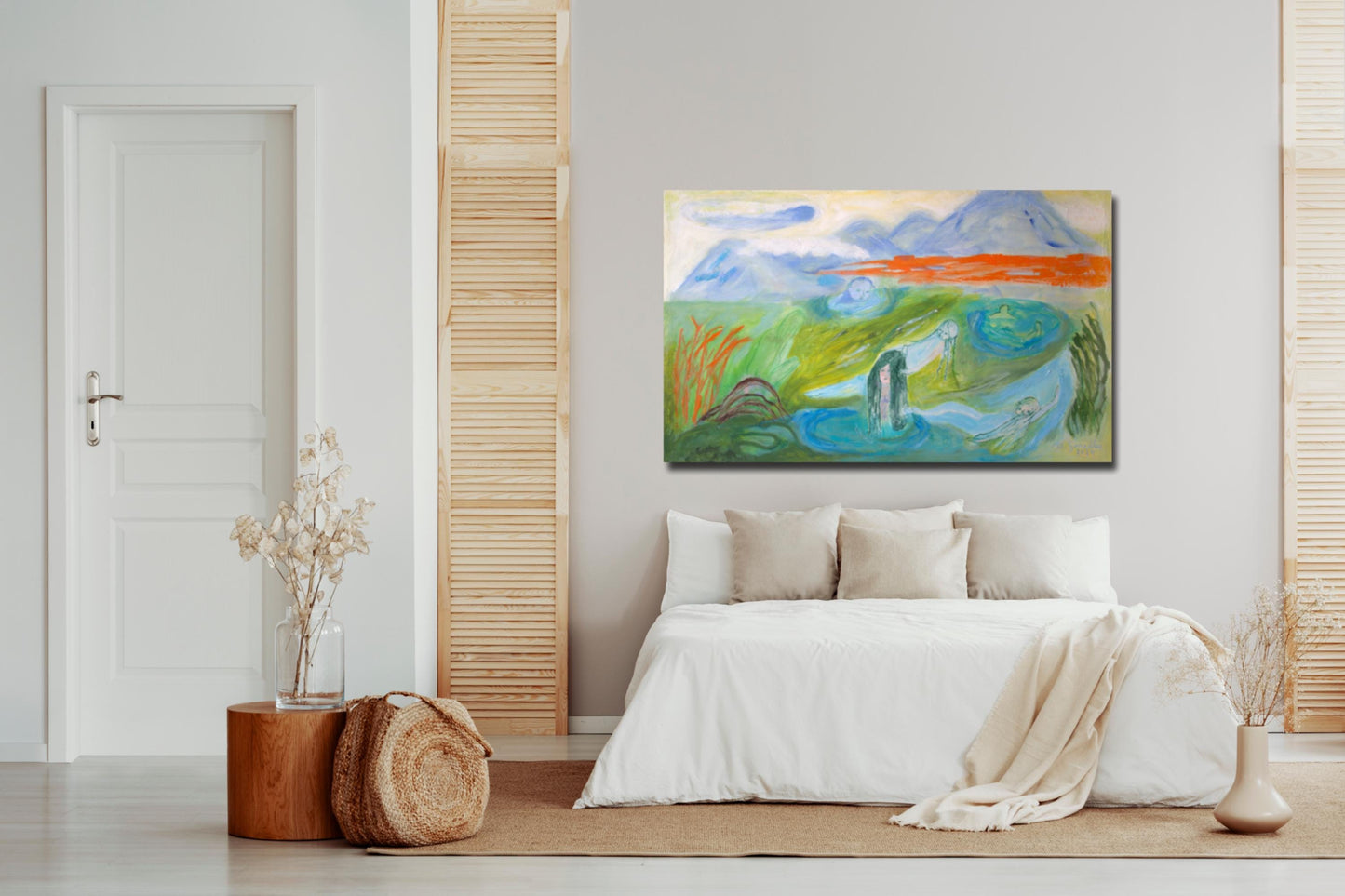 Original Painting canvas wall Art 40"x24", 100 x 60 cm, Large, landscape, bathers, river, girls, turquoise, green AnaGonzalezArt
