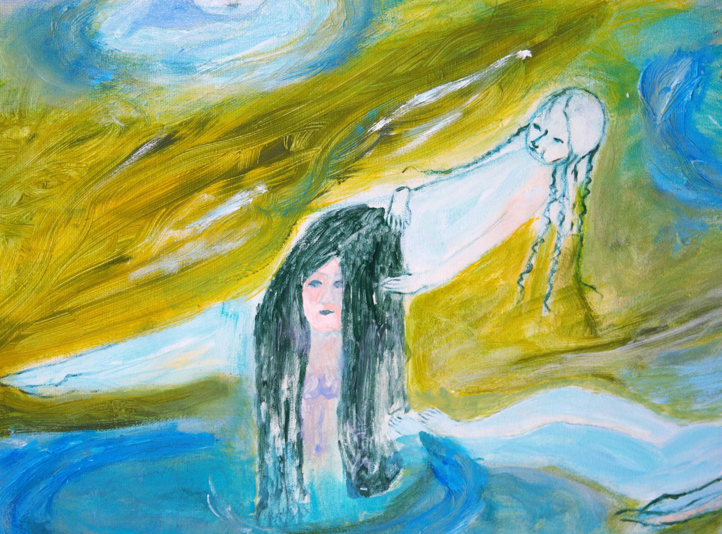 Original Painting canvas wall Art 40"x24", 100 x 60 cm, Large, landscape, bathers, river, girls, turquoise, green AnaGonzalezArt