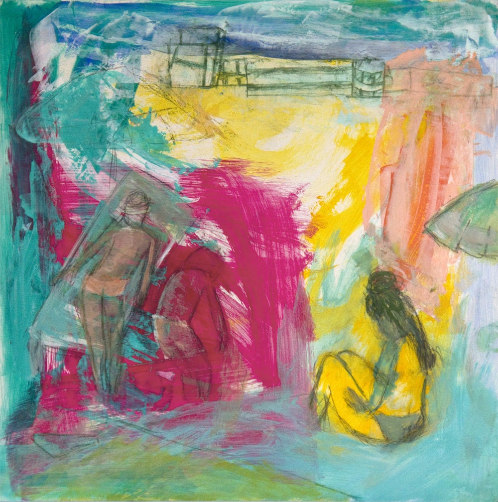 Original Painting 12x12 on cradled wood panel, modern wall art, green turquoise, pink, mixed media expressionist art