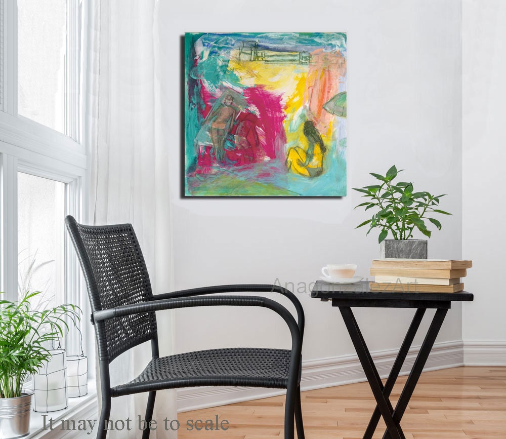 Original Painting 12x12 on cradled wood panel, modern wall art, green turquoise, pink, mixed media expressionist art