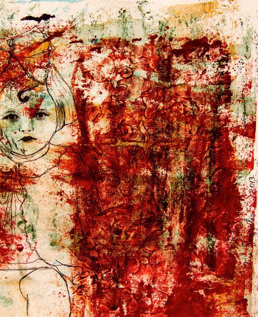 Original Monotype print, series Isabel child, red ink, by AnaGonzalezArt