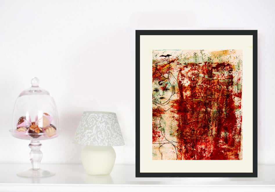 Original Monotype print, series Isabel child, red ink, by AnaGonzalezArt