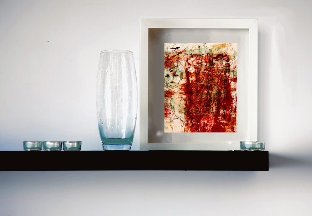 Original Monotype print, series Isabel child, red ink, by AnaGonzalezArt