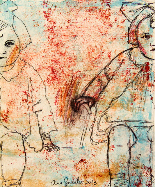 Monotype print, series Isabel child, turquoise, black, red ink, drawing by AnaGonzalezArt