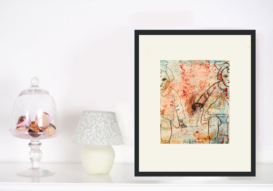 Monotype print, series Isabel child, turquoise, black, red ink, drawing by AnaGonzalezArt
