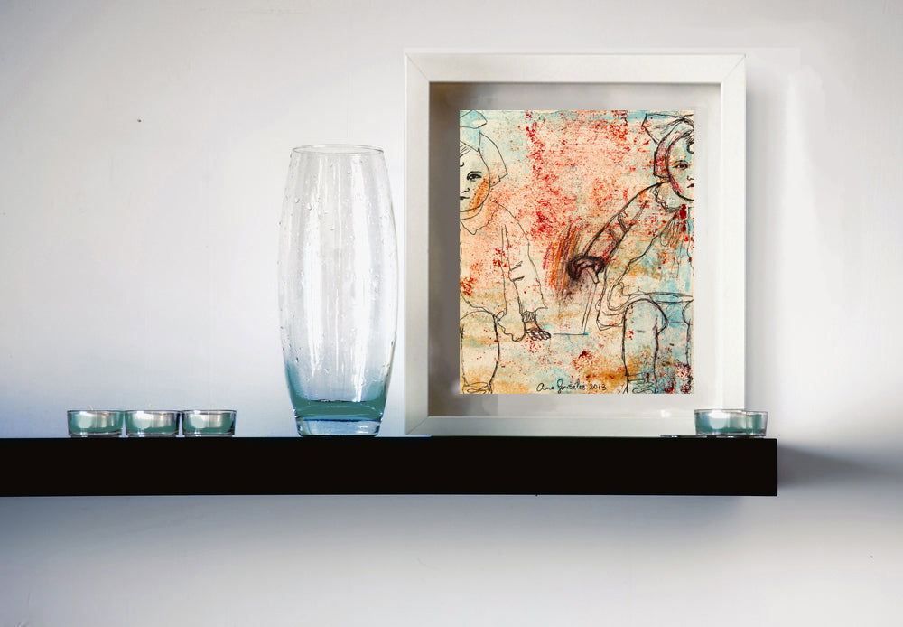 Monotype print, series Isabel child, turquoise, black, red ink, drawing by AnaGonzalezArt