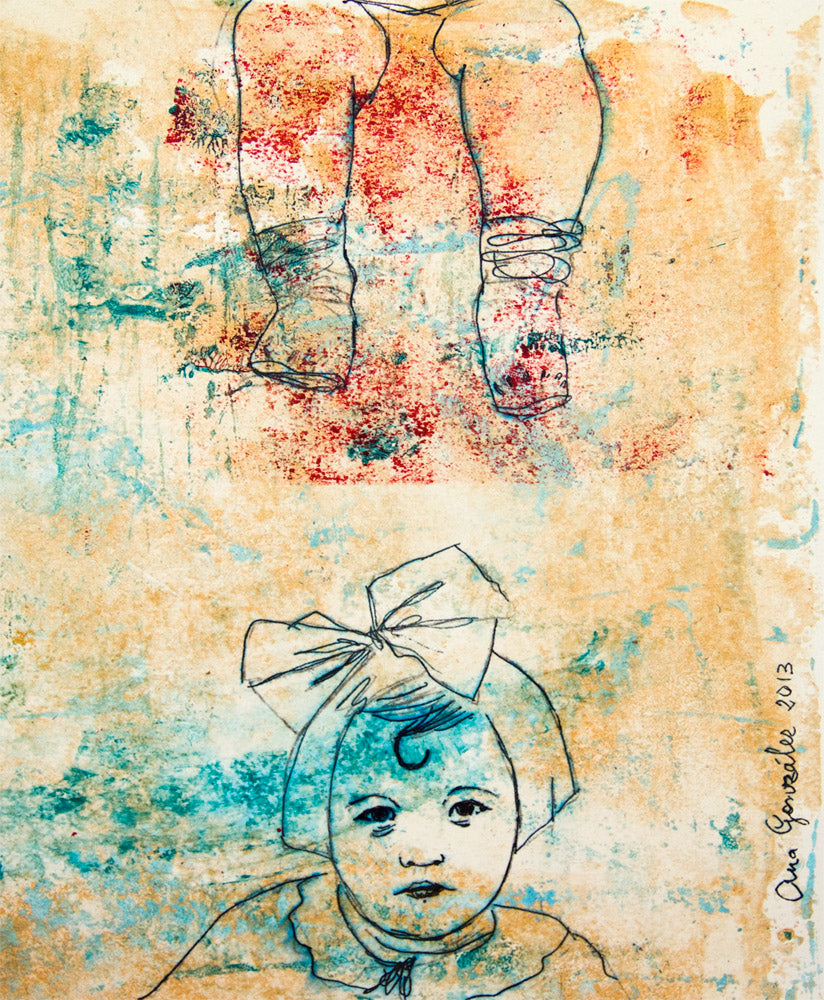 Original Monotype print, drawing series Isabel child, turquoise, black, red ink by AnaGonzalezArt