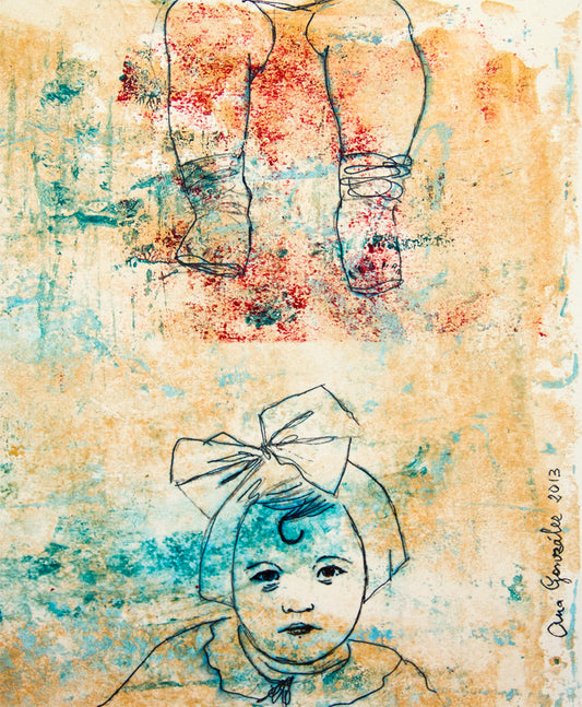 Original Monotype print, drawing series Isabel child, turquoise, black, red ink by AnaGonzalezArt
