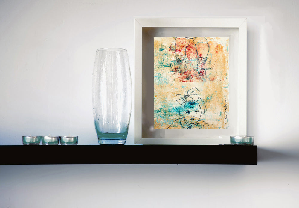 Original Monotype print, drawing series Isabel child, turquoise, black, red ink by AnaGonzalezArt