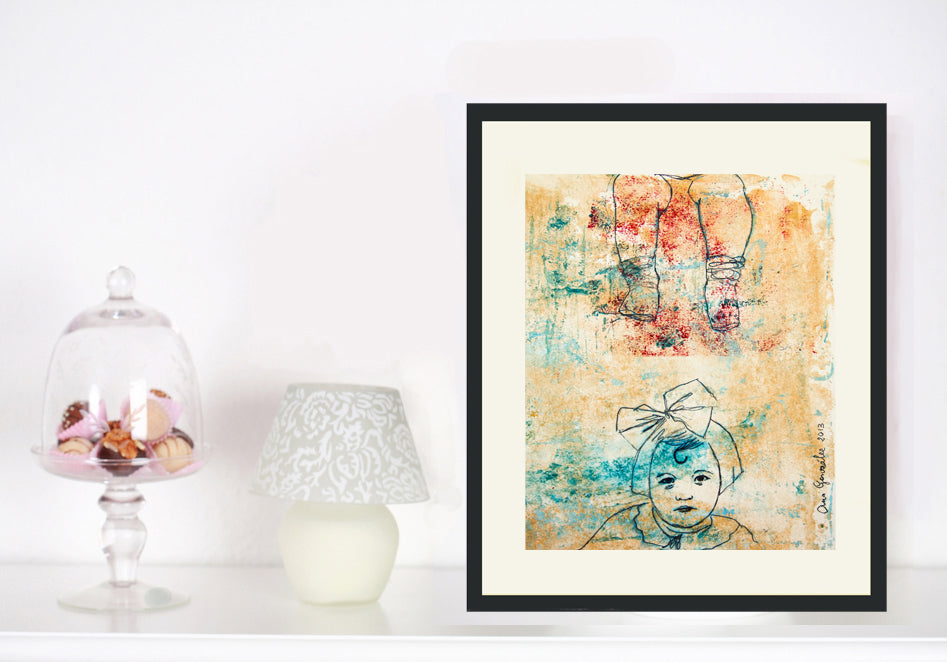 Original Monotype print, drawing series Isabel child, turquoise, black, red ink by AnaGonzalezArt
