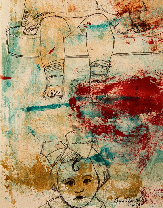 Original Monotype print, drawing series Isabel con sus zapatos blancos, child, turquoise, black, red ink by Ana González