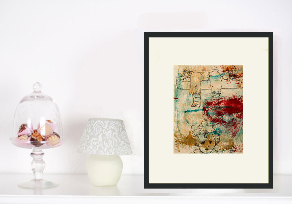 Original Monotype print, drawing series Isabel con sus zapatos blancos, child, turquoise, black, red ink by Ana González